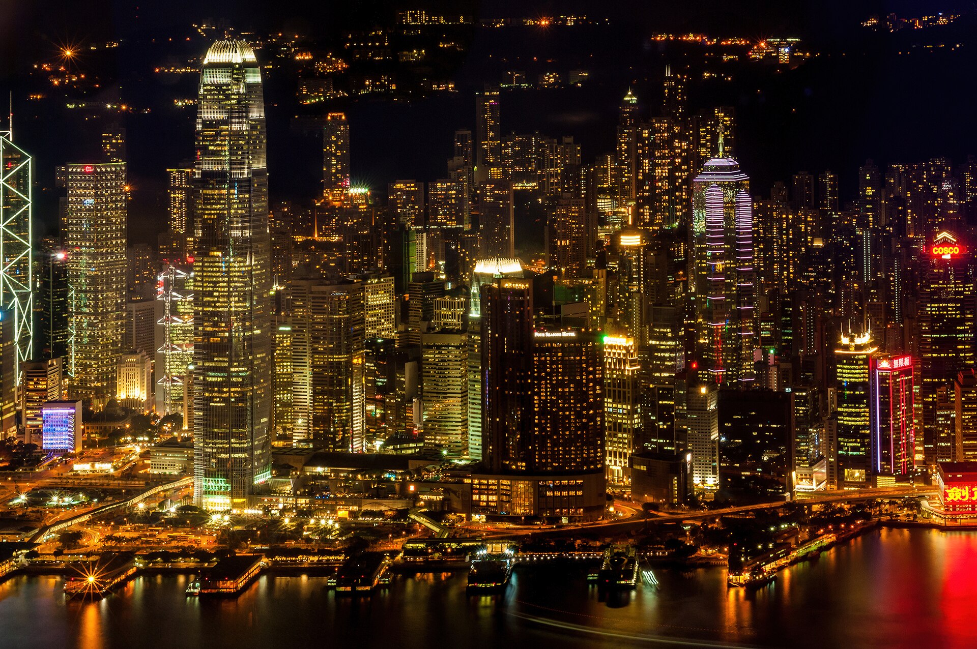Skyscrapers crowd the waterline of Victoria Harbour.